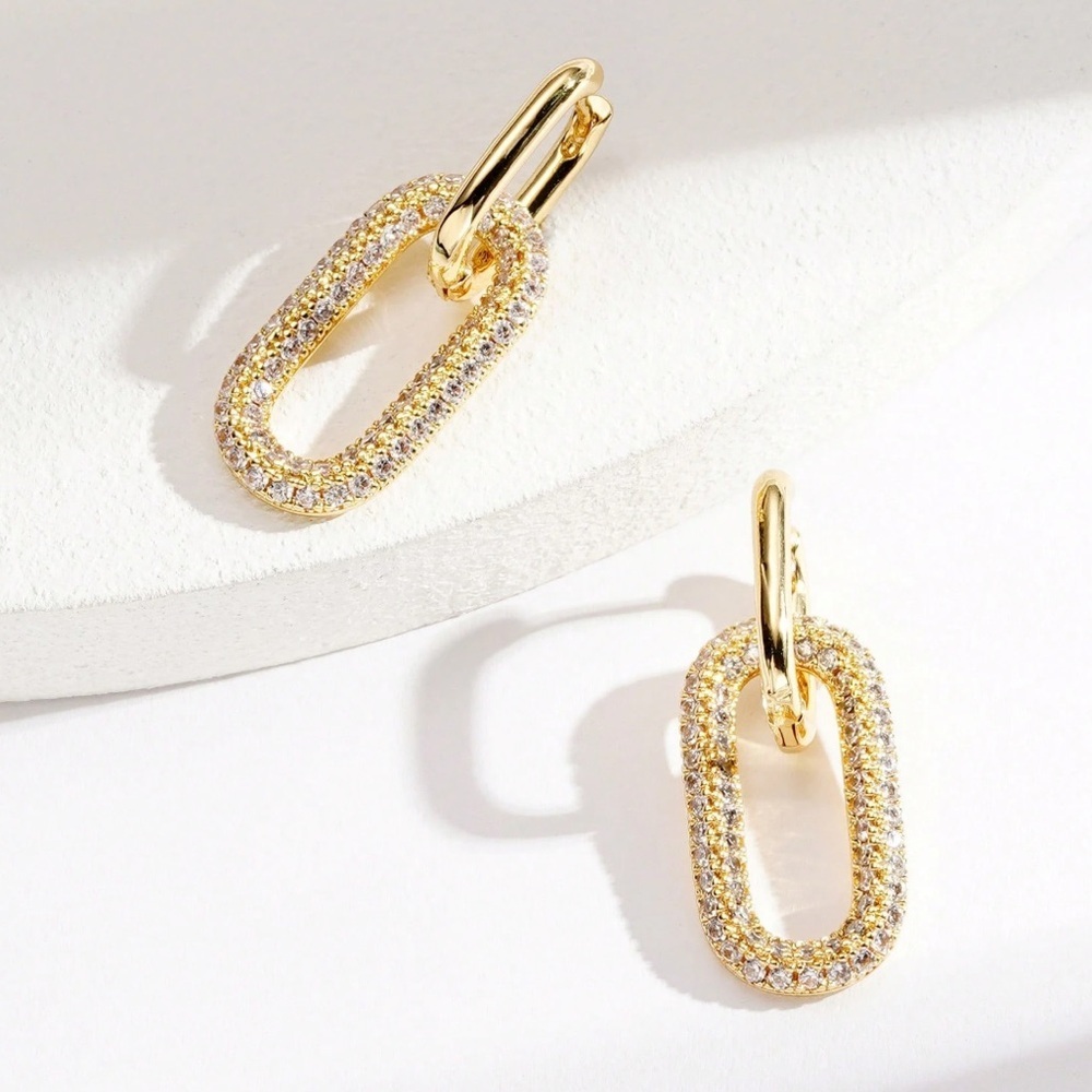 Cubic Zirconia Gold Link Hoop Earrings - Picture 5 of 6